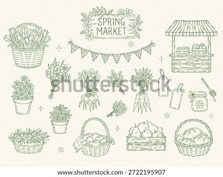 Spring market line art vector set: flowers, baskets, crates, garlands, vegetables, fruits, fresh produce, in a minimal, monochrome outline style. Perfect for seasonal illustrations, cards, invitations