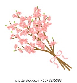 Spring materials: bouquet of cherry blossom branches tied with ribbon