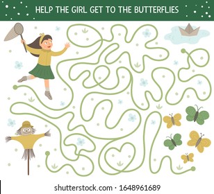 Spring Maze For Children. Preschool Garden Activity. Funny Puzzle Game With Cute Girl With A Net, Insects, Scarecrow, Paper Ship. Help The Girl Get To The Butterflies