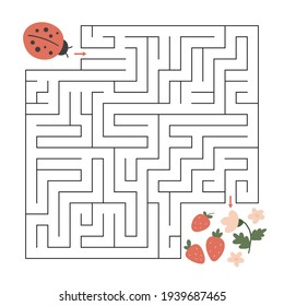 Spring Maze Game For Children And Adults. Help The Ladybug Find Right Way To Strawberries. Educational Worksheet. Cute Hand Drawn Character.