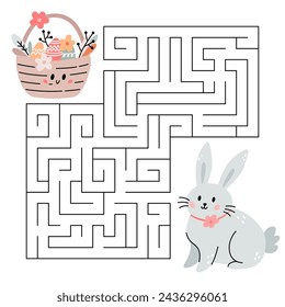 Spring maze game for kids. Cute bunny looking for a way to the easter egg basket. Happy easter. Printable worksheet.