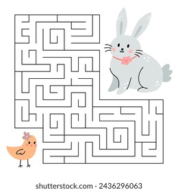 Spring maze game for kids. Cute bunny looking for a way to the chick. Happy Easter. Printable worksheet.