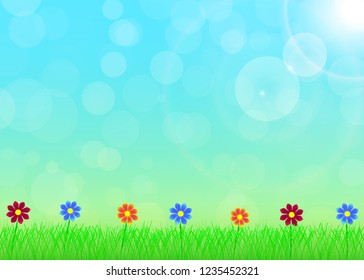 Spring meadow background with colorful flowers in the sunlight. Vector eps 10.