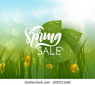 Spring meadow background with green leaves, flowers and shining sun. Vector EPS10.
