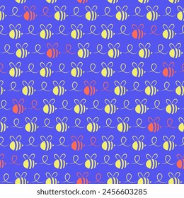 Spring meadow bee seamless pattern. Bright bumblebee on blue background.