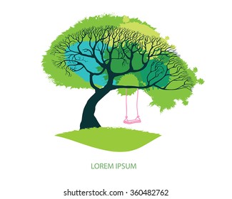 Spring meadow - big tree with fresh green leaves vector illustration. Hand drawn tree with pink swing on branch. Card design with stylized tree -  lawn and foliage as grunge watercolor blotch.