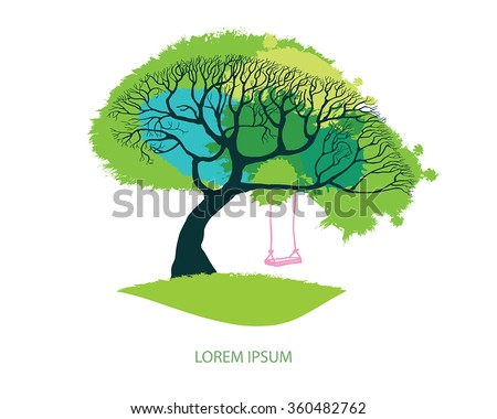 Spring meadow - big tree with fresh green leaves vector illustration. Hand drawn tree with pink swing on branch. Card design with stylized tree -  lawn and foliage as grunge watercolor blotch.