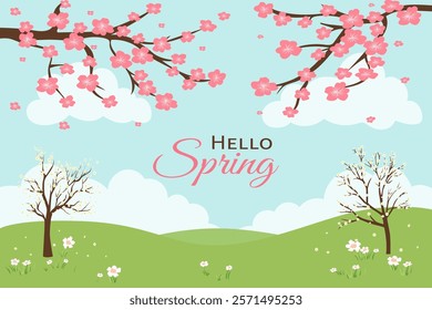 Spring meadow with blooming trees, flowers and green grass. Hello spring. Beautiful spring landscape with blooming nature for background and design, poster, banner, postcard, cover, greeting.