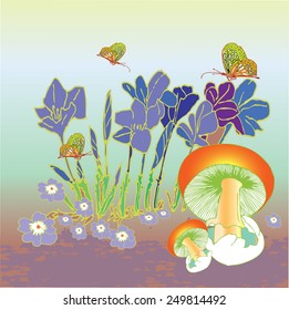 Spring meadow with blue flowers, mushrooms and butterflies