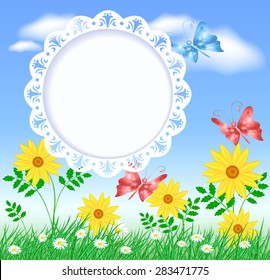 Spring meadow with butterflies, flowers and openwork frame for text or photo