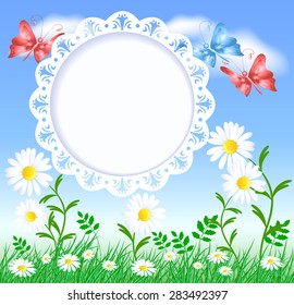 Spring meadow with butterflies, flowers and openwork frame for text or photo