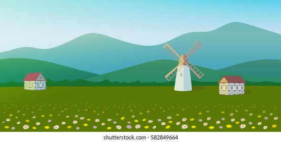 Spring meadow with country houses and a mill