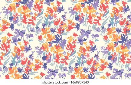 Spring meadow flower vibes seamless pattern Hand drawn naive shabby floral repeatable motif.