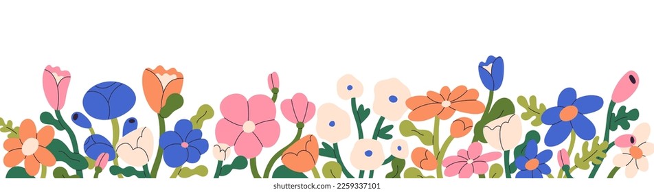 Spring meadow flowers border. Banner with summer garden, floral decoration. Blooming plants, petals, leaves, decorative horizontal pattern. Flat vector illustration isolated on white background