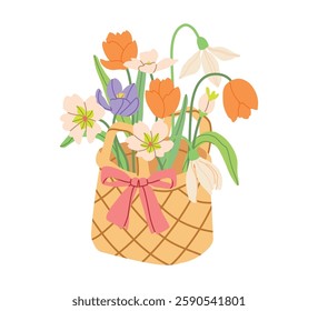 Spring meadow flowers bouquet in backet vector illustration collection. Modern hand drawn crocus, tulips, daffodils clip art set for books, stationery, banners and social media