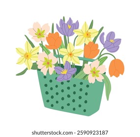Spring meadow flowers bouquet in basket vector illustration collection. Modern hand drawn camomile, tulips, daffodils clip art set for books, stationery, banners and social media