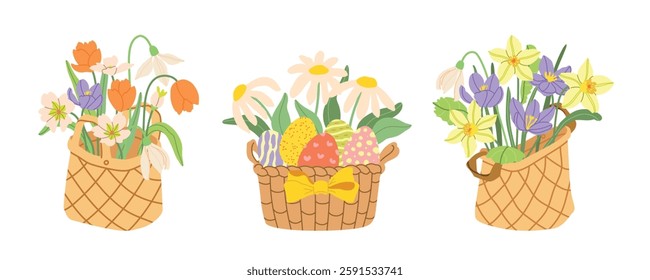 Spring meadow flowers bouquet in basket vector illustration collection. Modern hand drawn camomile, tulips, daffodils clip art set for books, stationery, banners and social media