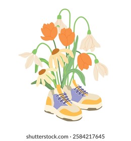 Spring meadow flowers bouquet vector illustration collection. Modern hand drawn tulips, snowdrops, сonvallaria and camomile clip art set for books, stationery, banners and social media