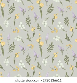 Flores del prado de la primavera y modelo inconsútil de la lavanda, Ilustración vectorial botánica colorida, fondo floral del jardín para la ropa o la decoración casera