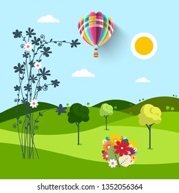 Spring Meadow with Flowers, Trees and Hot Air Balloon on Blue Sky. Sunny Day in Park.