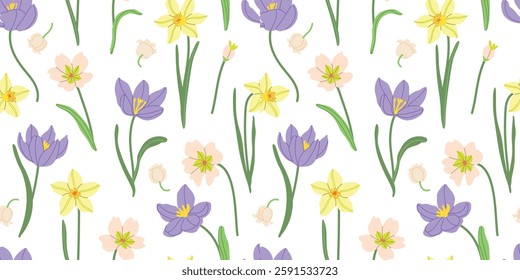 Spring meadow flowers vector illustration seamless pattern. Modern hand drawn crocus, tulips, snowdrops, daffodils and camomile clip art background for books, stationery, banners and social media