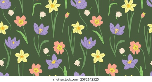 Spring meadow flowers vector illustration seamless pattern. Modern hand drawn crocus, tulips, snowdrops, daffodils and camomile clip art background for books, stationery, banners and social media