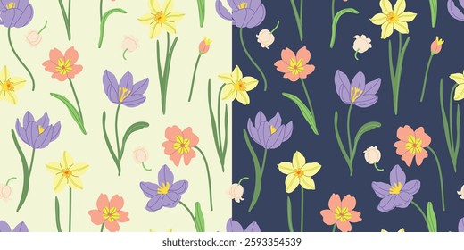 Spring meadow flowers vector illustration seamless pattern. Modern hand drawn crocus, tulips, snowdrops, daffodils and camomile clip art background for books, stationery, banners and social media