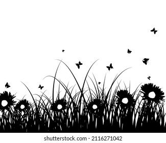 La pradera de primavera. Plantas frescas, hierba de crecimiento estacional, elementos botánicos separados, hierbas. Cascos de césped natural, borde floral. Ilustración vectorial.