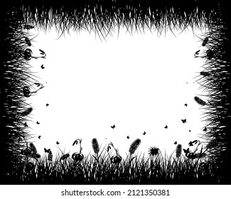 Spring meadow grass. Fresh plants, seasonal growth grass, separated botanical elements, herbs. Natural lawn bushes, floral border. Vector Illustration.