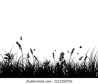 La pradera de primavera. Plantas frescas, hierba de crecimiento estacional, elementos botánicos separados, hierbas. Cascos de césped natural, borde floral. Ilustración vectorial.