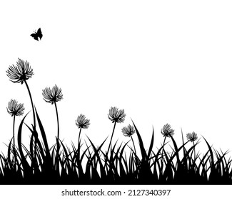 Spring meadow grass. Fresh plants, seasonal growth grass, separated botanical elements, herbs. Natural lawn bushes, floral border. Vector Illustration.