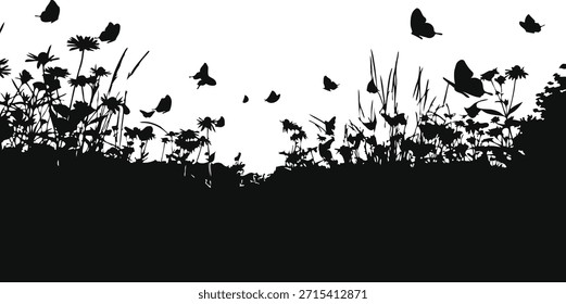 Ilustración vectorial de silueta de hierba de prado de primavera con mariposas para fondos de naturaleza y temas de decoración de jardines.