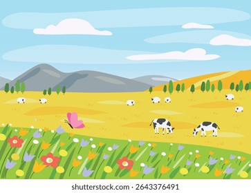 Prado primaveril com animais herbívoros e flores silvestres

Mô ả