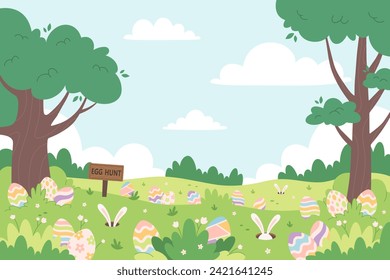 Spring meadow with hidden eggs for Easter egg hunt. Easter Event Celebration in Spring Park. Holiday tradition game for children. Vector illustration in flat style