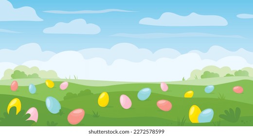 spring meadow landscape with colorful easter eggs, tradition of egg hunt concept- vector illustration