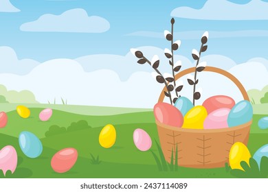 paisaje de prado de primavera con coloridos huevos de pascua, tradición de la caza de huevos; ocultando huevos para que los niños los encuentren- ilustración vectorial