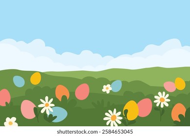 spring meadow landscape with colorful easter eggs, tradition of egg hunt; hiding eggs for children to find- vector illustration