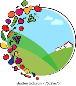 spring meadow landscape with vegetable and fruit icons