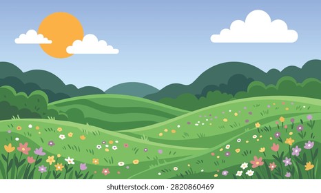 Spring Meadow Landscape with Wildflowers Green Hills and Sunny Sky Vector