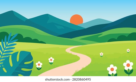 Spring Meadow Landscape with Winding Path and Mountains Vector Background