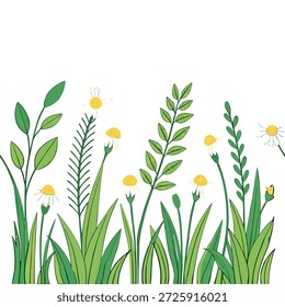 Prado de primavera sin patrón con flores silvestres y vegetación para el concepto de encanto rústico como prado de primavera rústico con flores silvestres y vegetación dispuesto en un patrón sin fisuras para una decoración encantadora en Foto de archivo Concepto y espacio vacío en el lado izquierdo, sin texto --ar 7:2 --tile