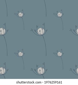 Spring meadow season seamless pattern with simple yarrow flowers shapes. Blue pale background. Graphic design for wrapping paper and fabric textures. Vector Illustration.