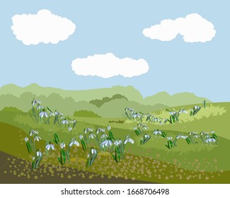 Spring meadow with snowdrops and clouds