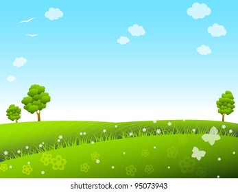 Spring meadow with trees and flowers