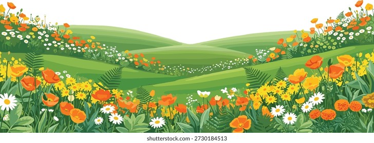 Ilustración vectorial de pradera de primavera con flores florecientes, colinas verdes, amapolas, narcisos, margaritas y follaje exuberante