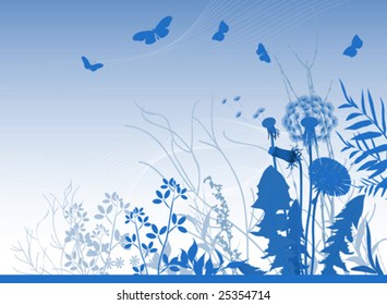 Spring meadows background. All elements and textures are individual objects. Vector illustration scale to any size.