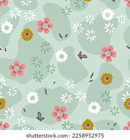 Spring `Meadows Nature with Butterflies and Flowers Vector Seamless Pattern