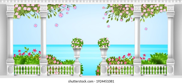 Spring Mediterranean balustrade, vector roman balcony, marble pillars, vases, blooming bushes, sea. Summer palace terrace, sakura blossom, classic architecture elements. Marble balustrade background