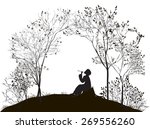 spring melody, boy sitting on the stump between the trees and playing on reed pipe, vector