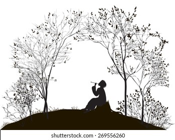 spring melody, boy sitting on the stump between the trees and playing on reed pipe, vector